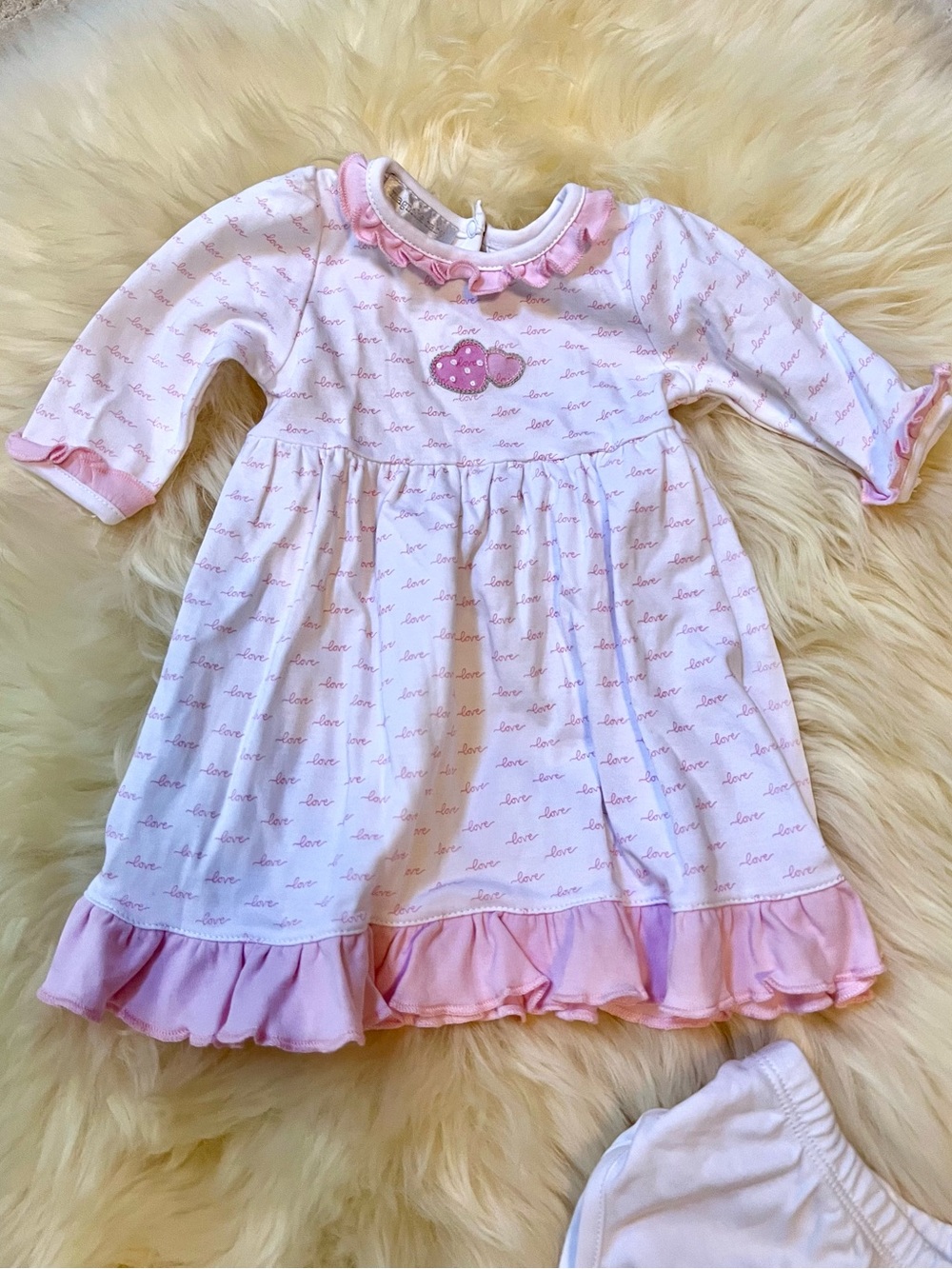 Magnolia Baby White Baby Dress with Pink Trim and Heart Applique